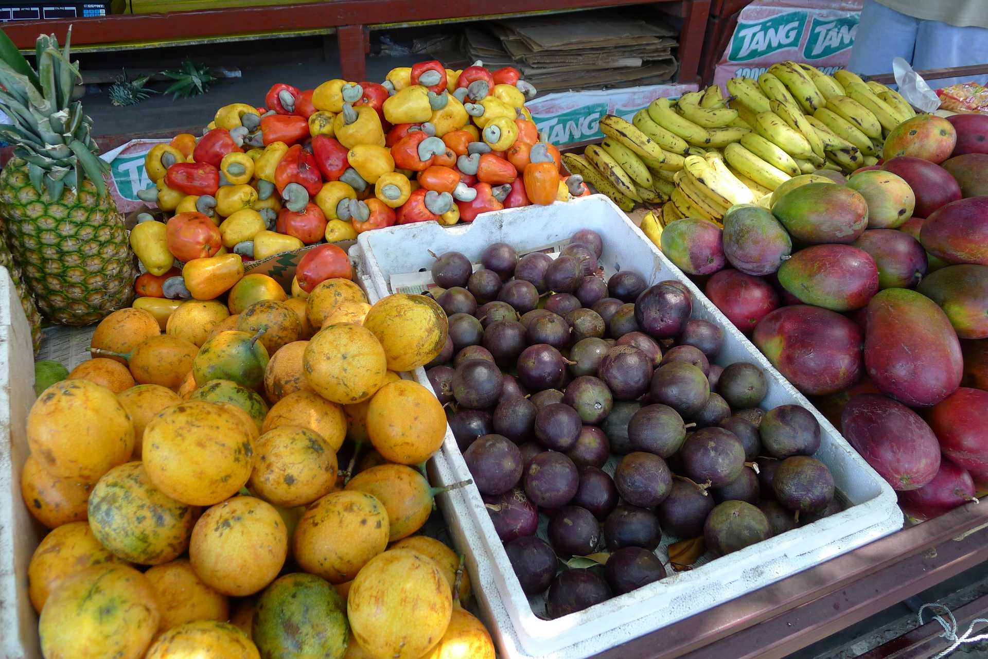 Baskets full of tropical fruits at a market