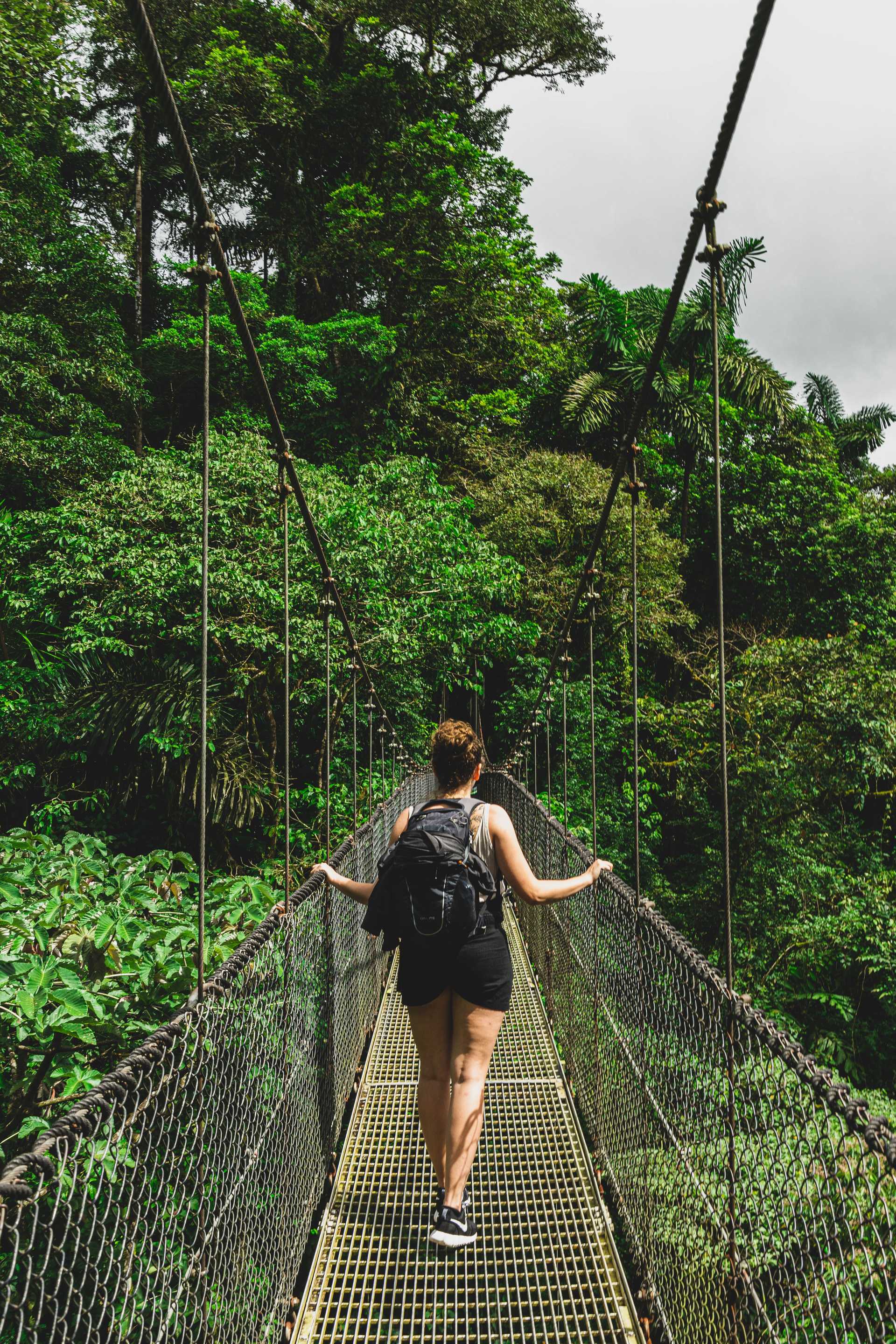 A woman standing on a hanging bridge in the jungle