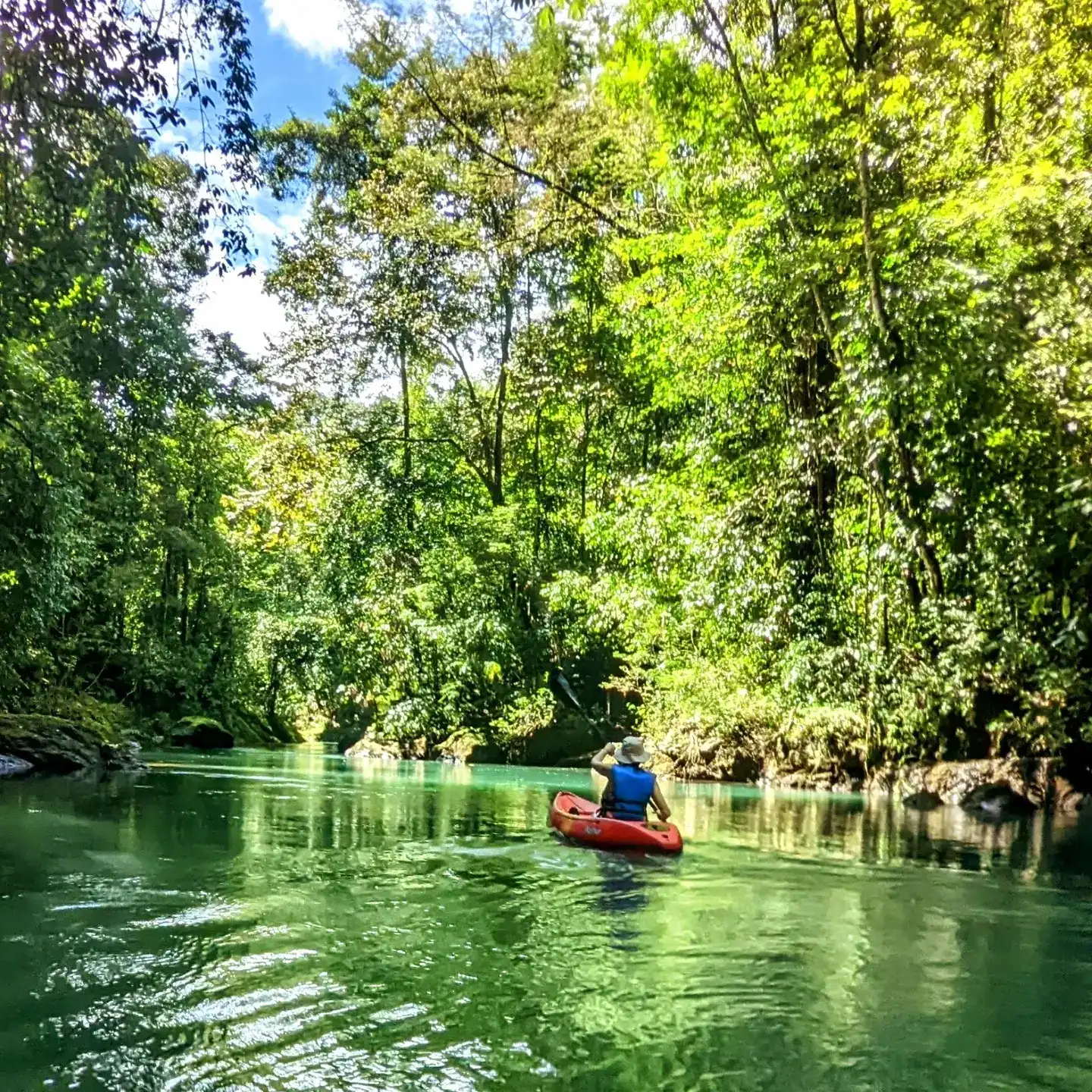 A person riding a kayak on a river in the jungle