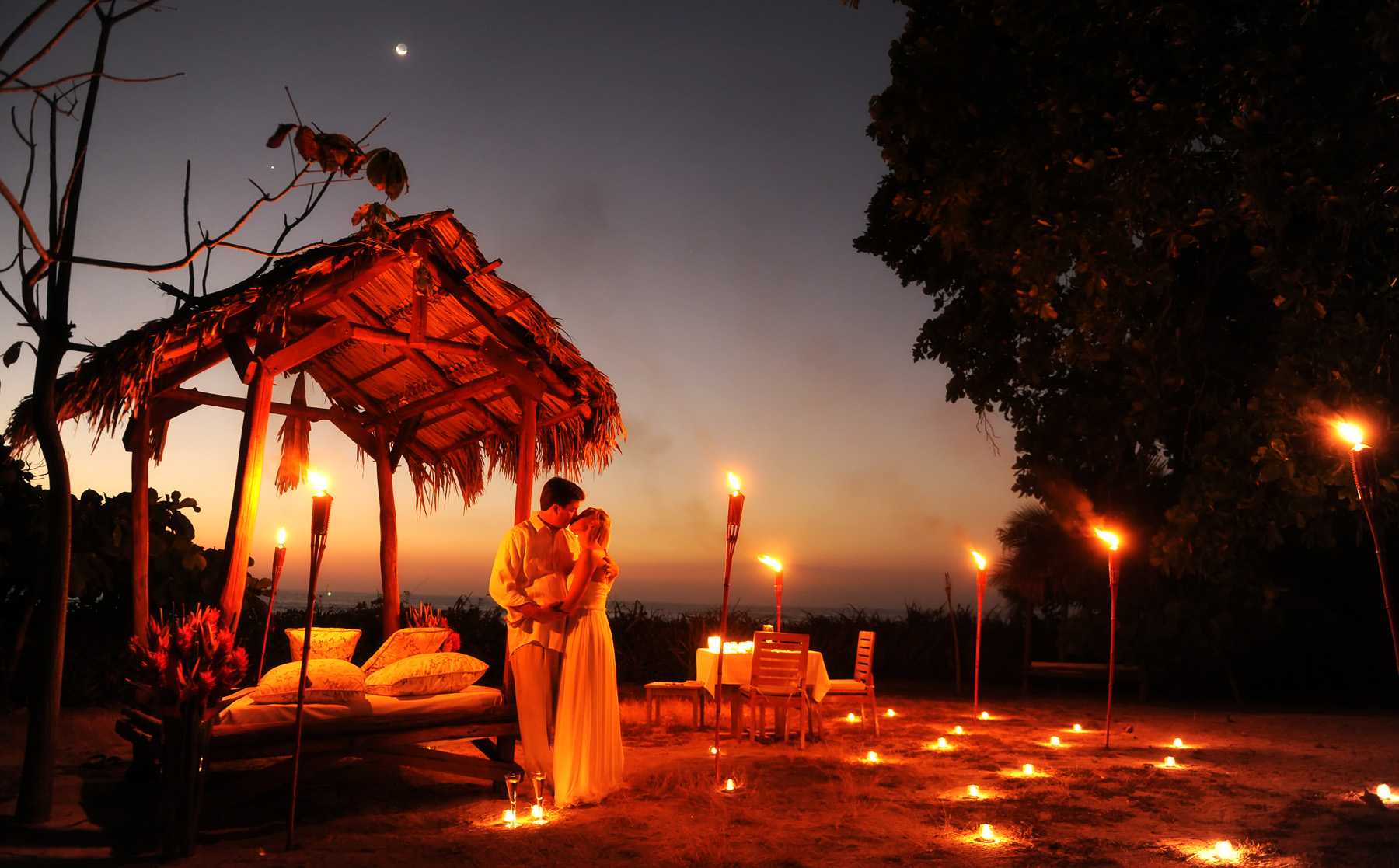 A newly wed couple kissing at night illuminated by fire